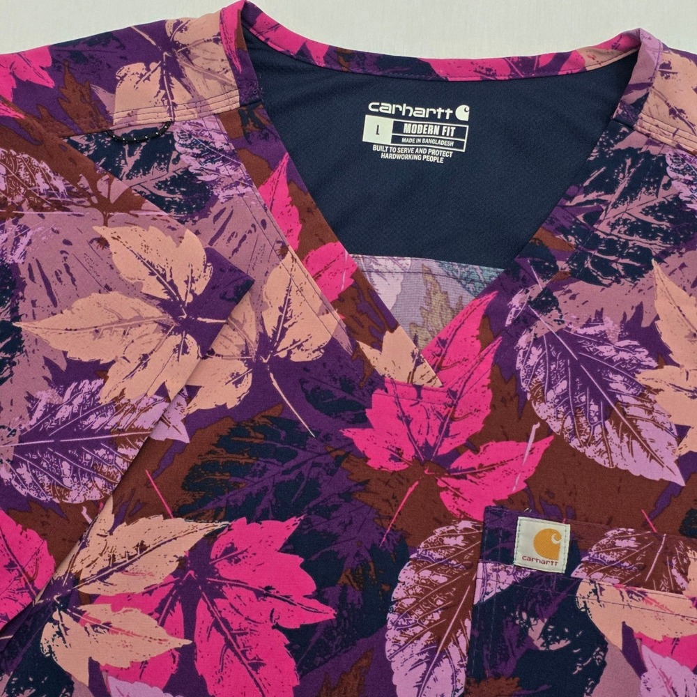 Carhartt Women Purple Pink Leaf Print Scrub Top Modern Fit V-Neck Large C13014